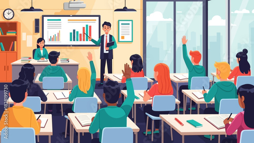 Diverse group of students raising hands in a bright classroom with a teacher pointing at a graph on a digital screen, symbolizing education and learning