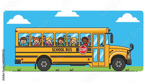 School bus loaded with children A cheerful illustration of student transport and education