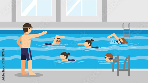 Swimming Lesson A Group of People Learning to Swim Under the Guidance of a Coach in a Pool