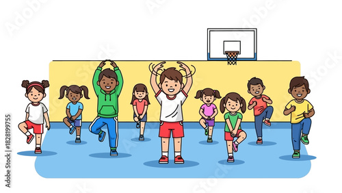 Energetic and diverse group of children joyfully engaging in various physical exercises and fitness activities during a vibrant gym class