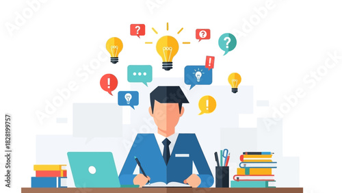 Brainstorming Ideas A Person with a Laptop Surrounded by Light Bulbs and Thought Bubbles