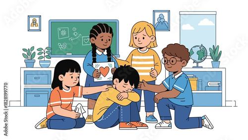 A diverse group of children showing empathy and support to their sad friend in a classroom setting, an illustration about kindness and friendship