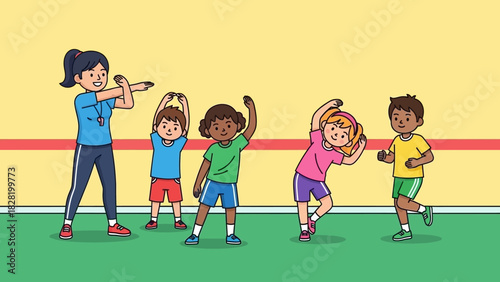 A dedicated female coach guiding a diverse group of elementary school children through warm-up stretches in a P.E. class