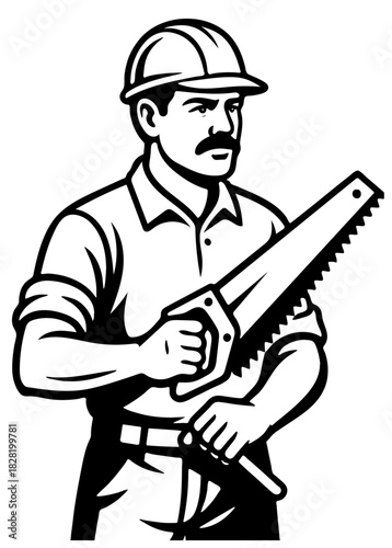 Carpenter holding a saw ready for work in a well-lit workshop environment focused on craftsmanship and precision