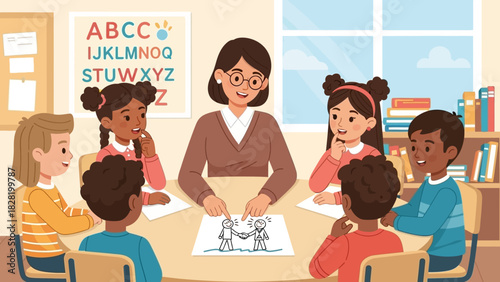 Teacher guiding diverse group of children drawing together, fostering creativity and learning environment with collaborative activity