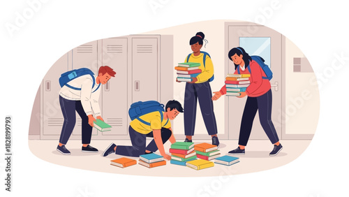 A group of diverse high school students showing teamwork and helping a friend pick up a large pile of fallen books in the school hallway