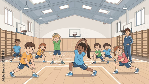 Children's Exercise Routine A Group Stretching Session in a School Gymnasium