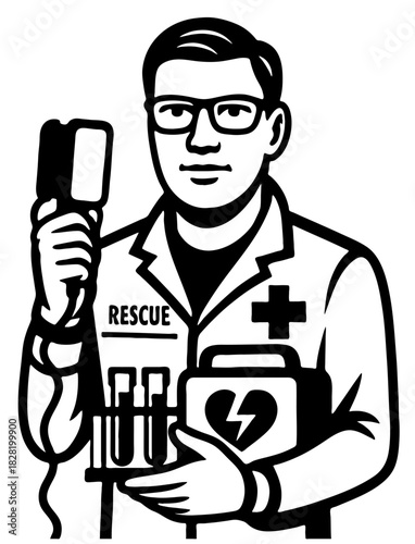 Rescuer holding a defibrillator and medical supplies in a professional setting ready to save lives