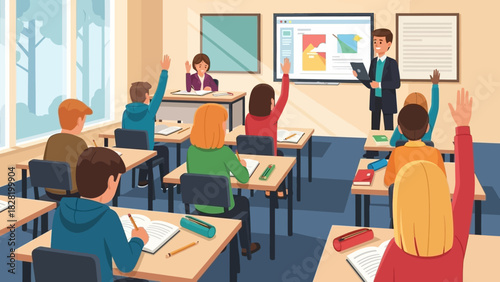 Students raising hands in a classroom with a teacher presenting on a digital board, symbolizing education and learning