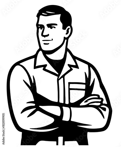 Technician in overalls stands confidently with arms crossed, ready for work in a professional setting