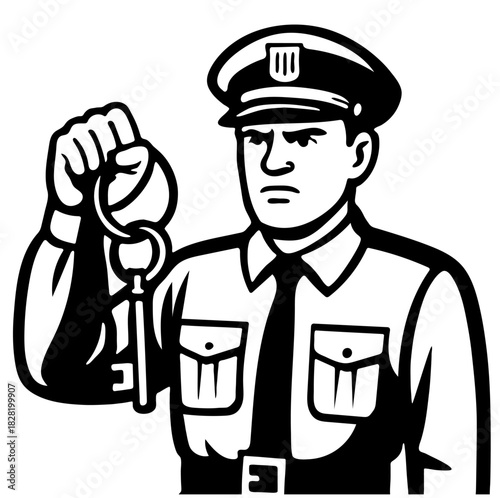 Warden in uniform holding a key with a serious expression and professional demeanor