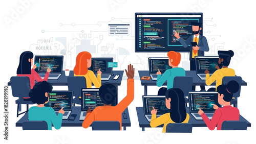 Diverse students engaged in a coding class with instructor at the front, learning computer programming on laptops and a large display screen
