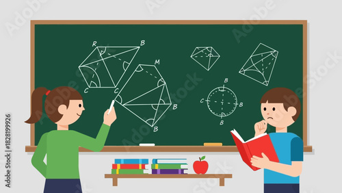 Geometry Lesson Exploring Geometric Shapes with Students on a Chalkboard with Illustrations
