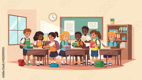 Diverse group of happy young students standing and interacting in a vibrant classroom setting, ready for an engaging day of learning and education at school