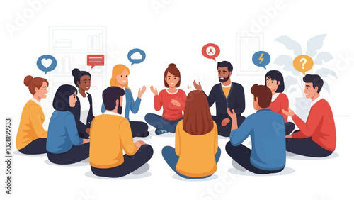 Diverse group of people sitting in a circle, sharing ideas and communicating in a collaborative meeting or group therapy session