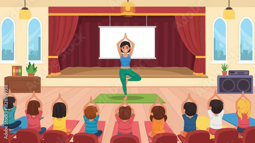 Young children enthusiastically engage in a mindful yoga class, led by an instructor on a stage, fostering wellness and physical activity in an educational group setting
