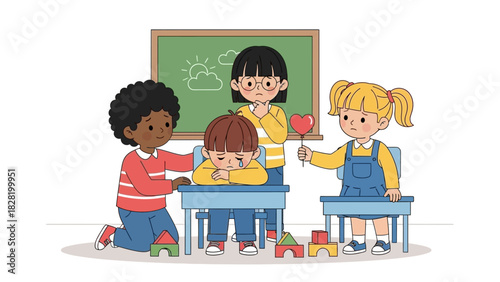 A heartwarming scene of young children demonstrating empathy and providing comfort to a sad classmate in a school classroom, fostering a supportive and kind learning environment