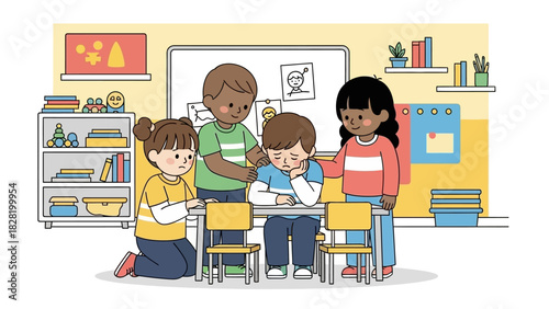 Young friends offering comfort and support to a sad classmate, a touching display of childhood empathy and kindness