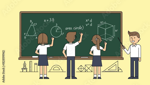 Students Learning Geometry and Algebra at a BlackBoard with Teacher