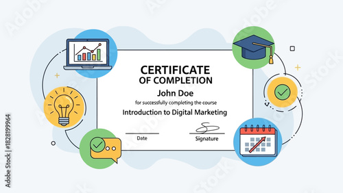 An illustrative template of a digital marketing course completion certificate surrounded by educational and business icons