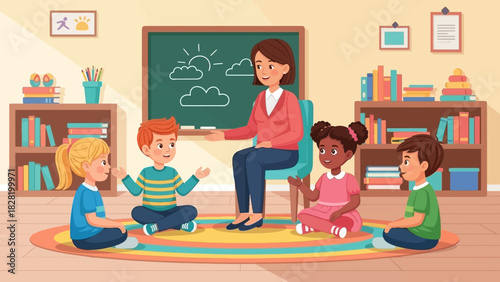 A dedicated teacher conducting a fun and interactive lesson for a diverse group of young children in a vibrant preschool classroom