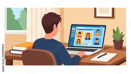 A young man participates in a video conference with multiple participants, fostering remote collaboration and communication