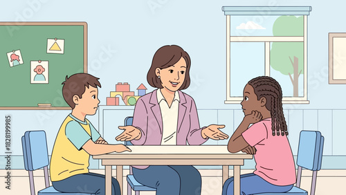 A dedicated female teacher in a colorful classroom environment fostering a positive discussion with two diverse young elementary students