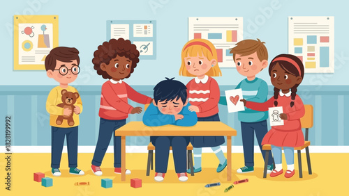 Heartwarming scene of young children demonstrating empathy and support for a sad friend, fostering kindness and social connection in a classroom environment
