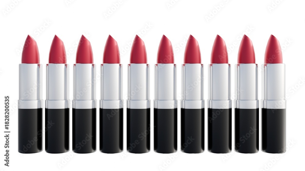 Obraz premium A 3d rendering of displays a straight line of nine identical lipsticks standing upright, viewed from the front.