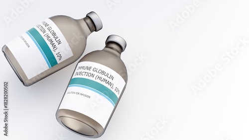 A 3D rendering of a glass vial of intravenous immunoglobulin (IVIG), a liquid drug used to treat immunodeficiency or autoimmune conditions.