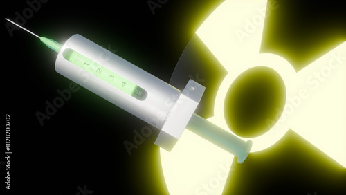 3D rendering of a Syringe Shield and multiple instances of the international radioactive hazard symbol or the trefoil icon.