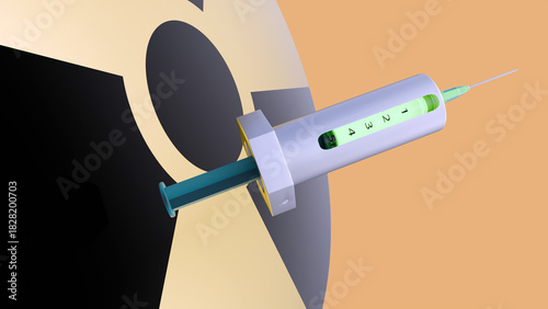 3D rendering of a Syringe Shield and multiple instances of the international radioactive hazard symbol or the trefoil icon.