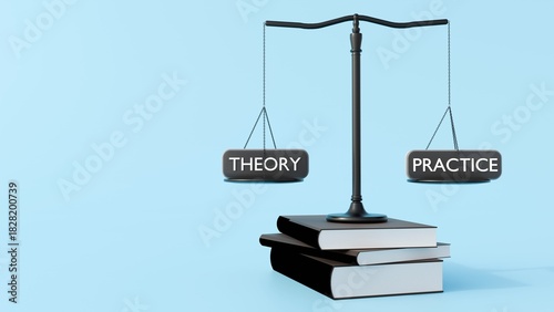 A 3D rendering of a balance scale. The left pan is labeled 