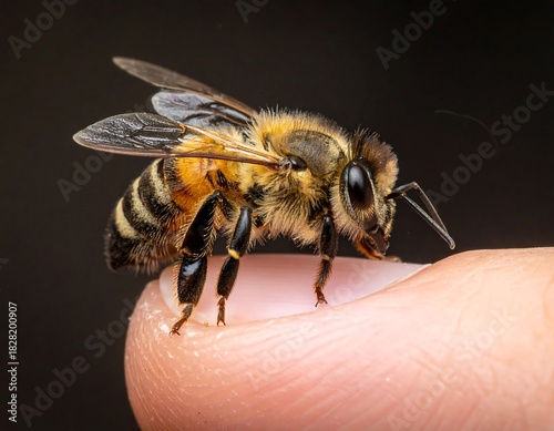 Honeybee on a fingertip - A close-up of natures pollinator.