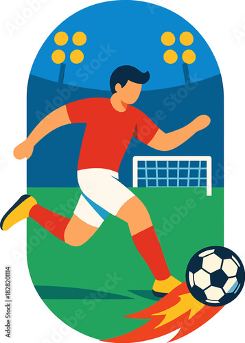 Soccer player in red jersey kicking a flaming soccer ball on a green field under stadium lights