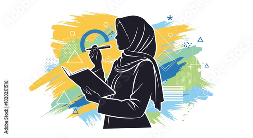 Silhouette of a person in hijab holding a book and pen against a vibrant abstract background with shapes