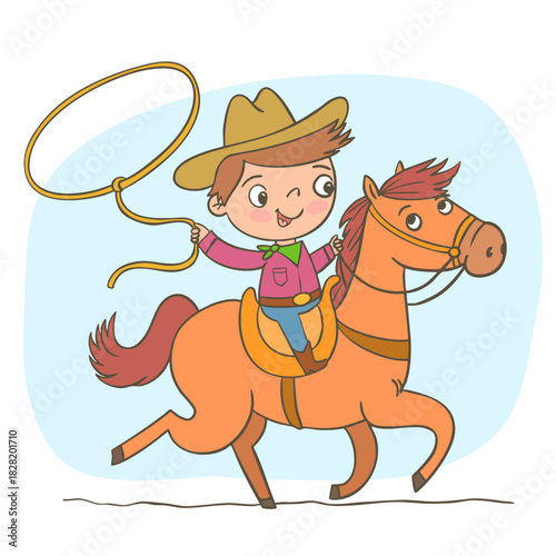 A boy riding a horse, playing at being a cowboy.