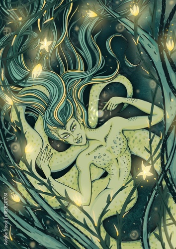 Hand-drawn lamia serpent woman surrounded by glowing flowers and dark forest ambiance in magical fantasy style