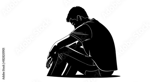 Black silhouette illustration of a man sitting alone, looking down in deep thought or sadness