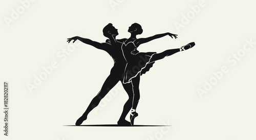 Stylized black silhouettes of two ballet dancers in an elegant, dynamic pose against a cream background