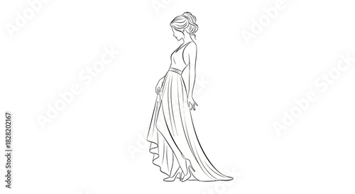 Elegant line art of a woman in an evening dress and heels, with an updo hairstyle