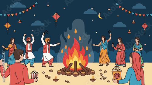 People celebrating Lohri festival with fire and dancing outdoors at night  