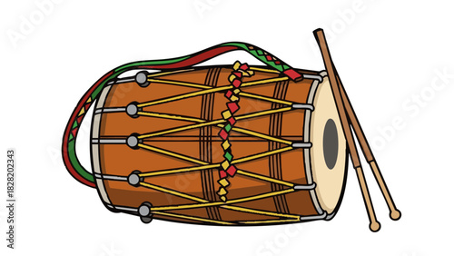 Punjabi dhol drum with sticks and colorful strings on white background  