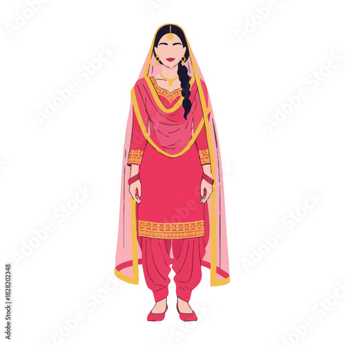 Young woman in traditional Punjabi suit standing in vibrant attire for Lohri  