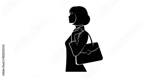 Black silhouette of a stylish woman with short bob hair, holding a handbag, in profile view