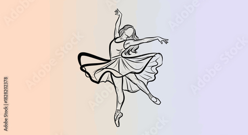 Outline illustration of a graceful ballerina in a flowing skirt, poised on pointe shoes against a soft gradient background
