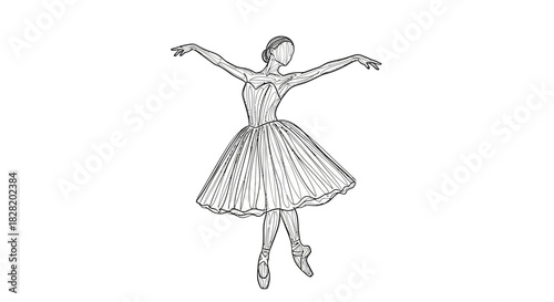 Elegant line art of a ballerina dancing en pointe with arms gracefully extended, isolated on white