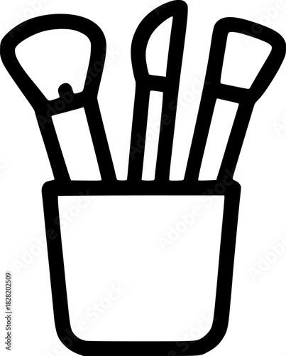 An outline icon representing makeup brushes in a holder, symbolizing cosmetics, beauty tools, professional artistry, and application.