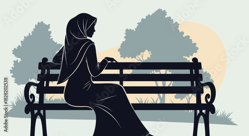 A woman in a hijab sits on a park bench, her silhouette against a serene landscape with trees and a sun