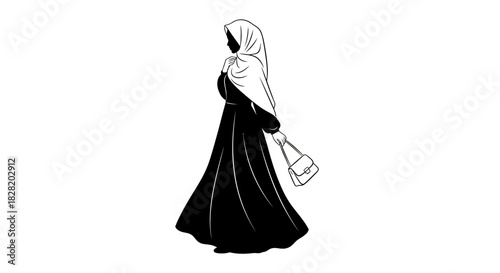 Elegant woman in a flowing black abaya and hijab, carrying a handbag